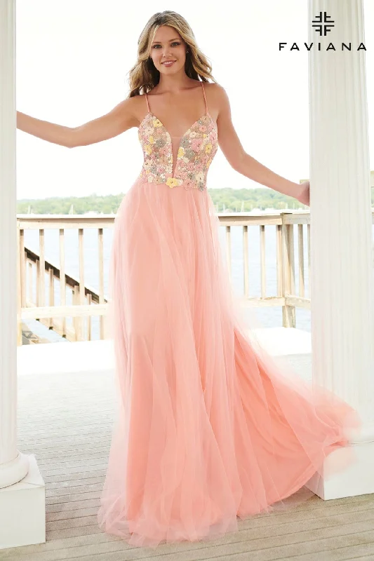 Embellished Dress V-Neck Floral Sequin Prom Dress With Flowy Tulle Skirt | 11001