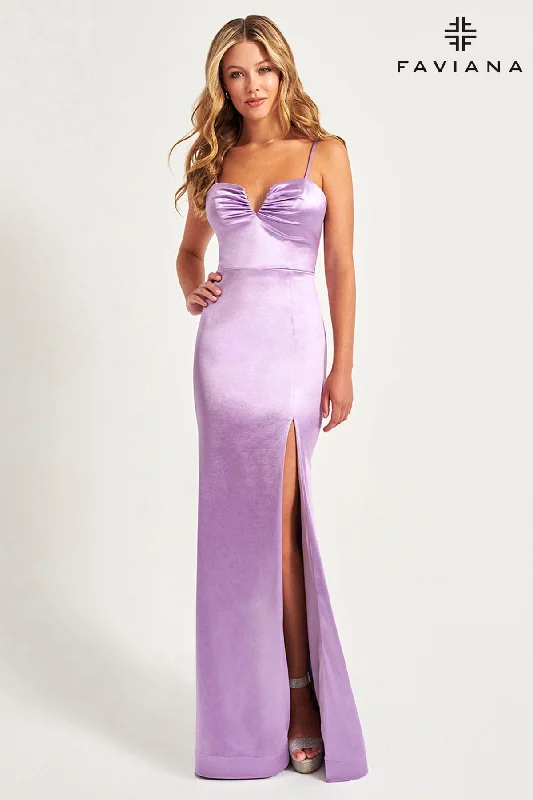 Satin Gown Long Lilac Satin Prom Dress With V-Neck Detail And Open Back | 11025