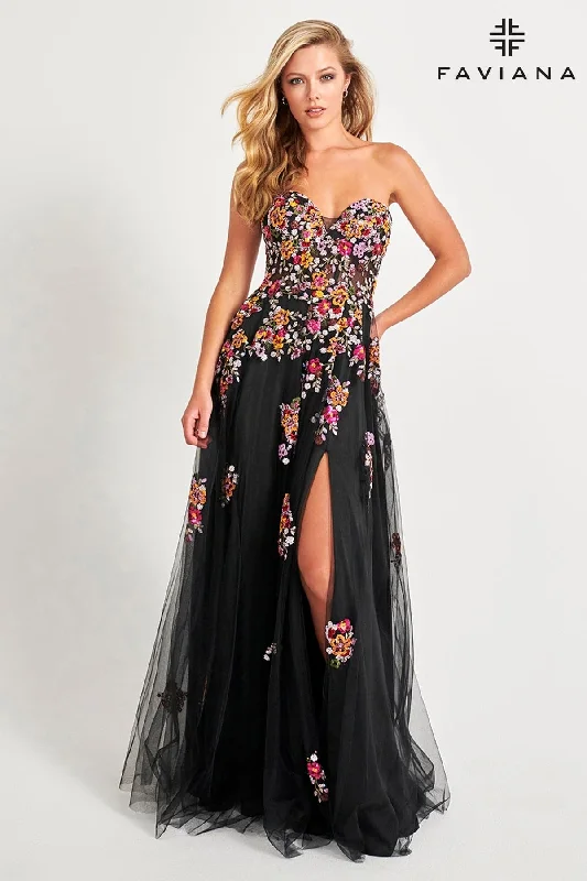 Ruffled Dress Strapless Corset Dress With Flowy Tulle Skirt And Floral Applique | 11028 Ruffled Dress Strapless Corset Dress With Flowy Tulle Skirt And Floral Applique | 11028