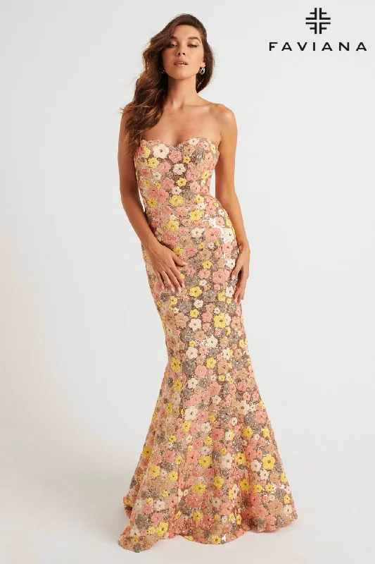 Minimalist Gown Strapless Sequin Mermaid Dress With Colorful Floral Design | 11036