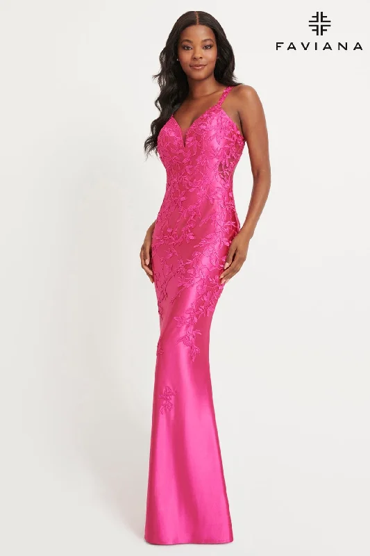 Long Sleeve Dress Shiny Satin Dress With Lace Applique And Open Back | 11082