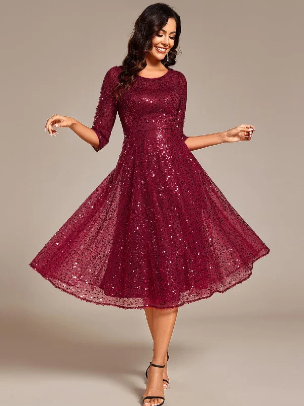 Embellished Dress 3/4 Sleeve Sparkly Sequin Round Neck Midi Wedding Guest Dress
