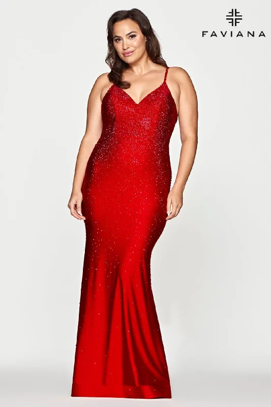Embroidered Gown Plus Size V Neckline Prom Dress With Rhinestone Beading