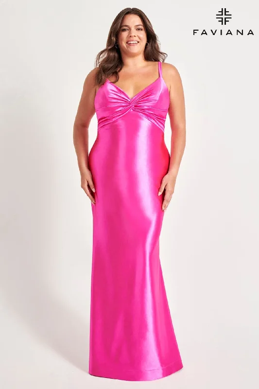 Floor-Sweeping Gown Stretch Satin Hot Pink Plus Size Prom Dress With Knot Detailing | 9549 Floor-Sweeping Gown Stretch Satin Hot Pink Plus Size Prom Dress With Knot Detailing | 9549