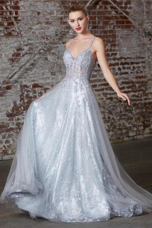 Vintage Gown Cinderella Divine CB047 Long Formal Spaghetti Strap Glitter Print Prom Gown