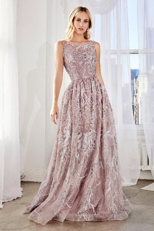 Floral Embroidery Dress Cinderella Divine CR852 Prom Sleeveless Dress Long Formal Gown