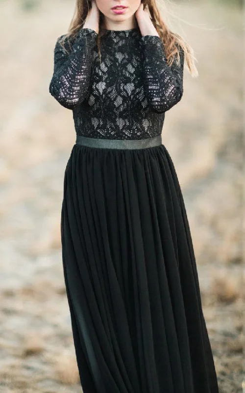 Vivid Color Gown A-line Long Sleeve Chiffon&Lace Dress With Tiers-105644