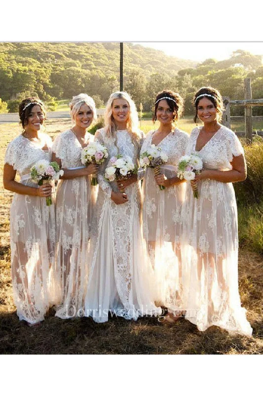 Chic Formal Gown A-line V-neck Short Sleeve Sweep Train Zipper Lace Bridesmaid Dress