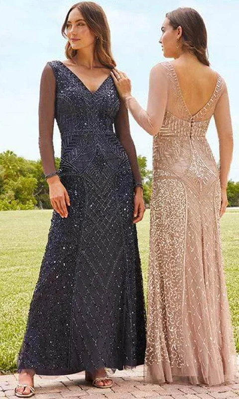 Floral Gown Adrianna Papell Platinum - 40352 Beaded Long Sleeve Mesh Gown