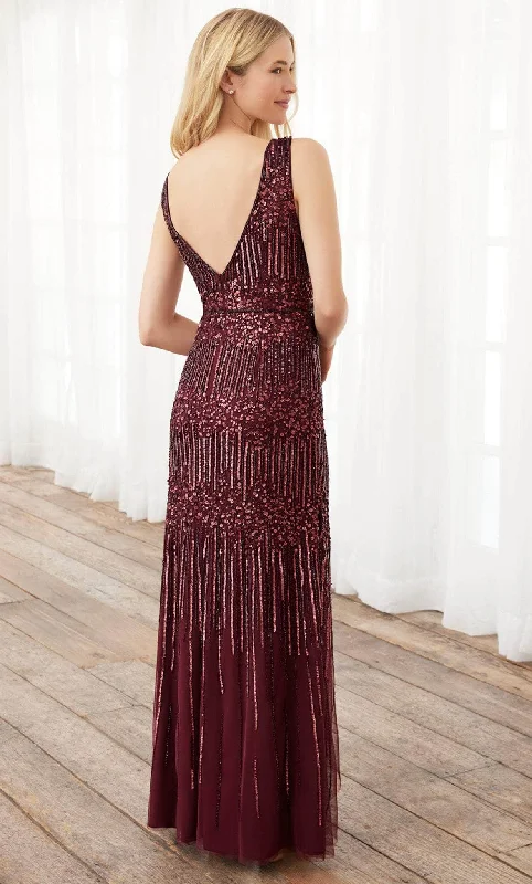 Off-White Gown Adrianna Papell Platinum 40391 - V Neck and Open V Back Sequined Dress