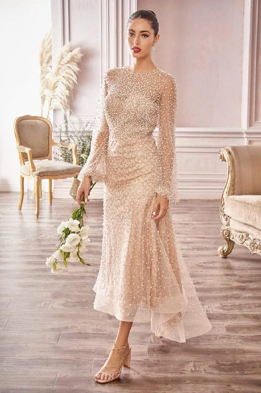 Elegant Evening Dress Andrea and Leo - A0997S Pearl Embellished Illusion Sleeve High Low Dress