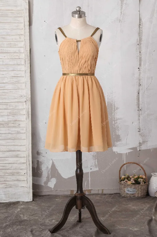Floor-Length Gown Apricot Keyhole Chiffon Halter Neck Short Special Occasion Dress