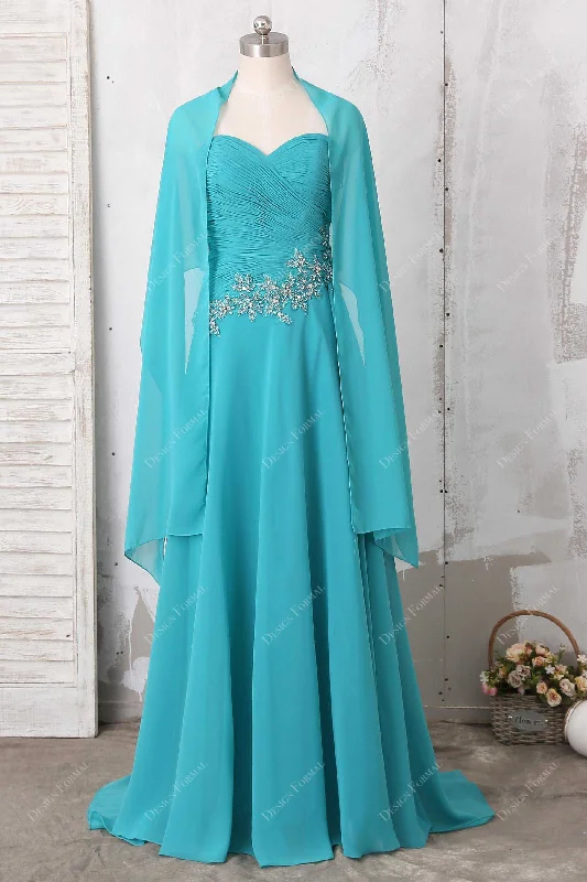 Backless Dress Aqua Beaded Chiffon Elegant Cape Long A-line Dress