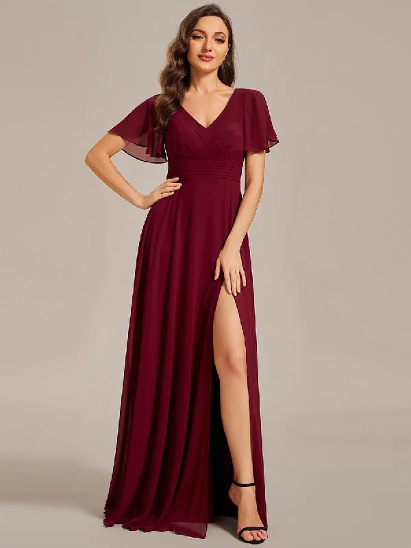 Glittering Evening Gown Back See-Through Swing Collar Applique Ruffles Sleeve A-Line Evening Dress
