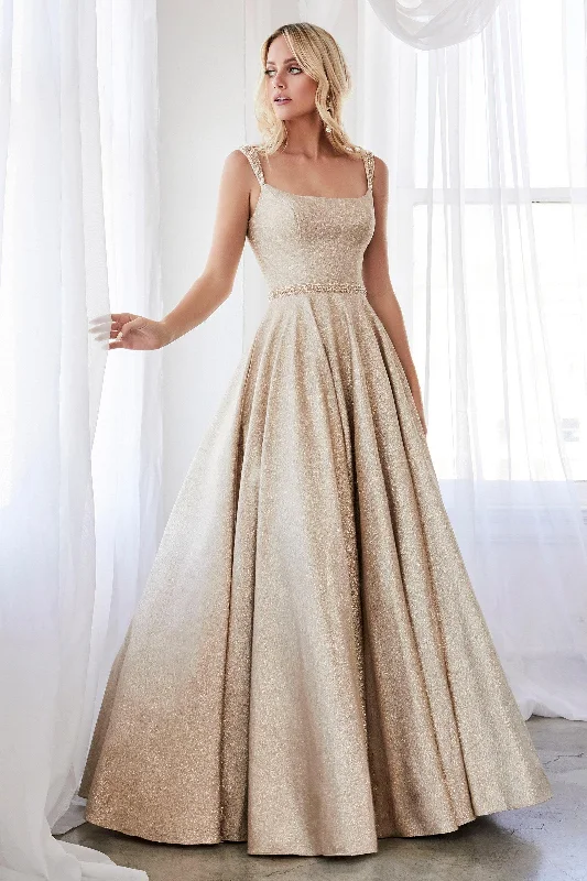 Peplum Dress Cinderella Divine J794 Long Sleeveless Prom Glitter Metallic Ball Gown