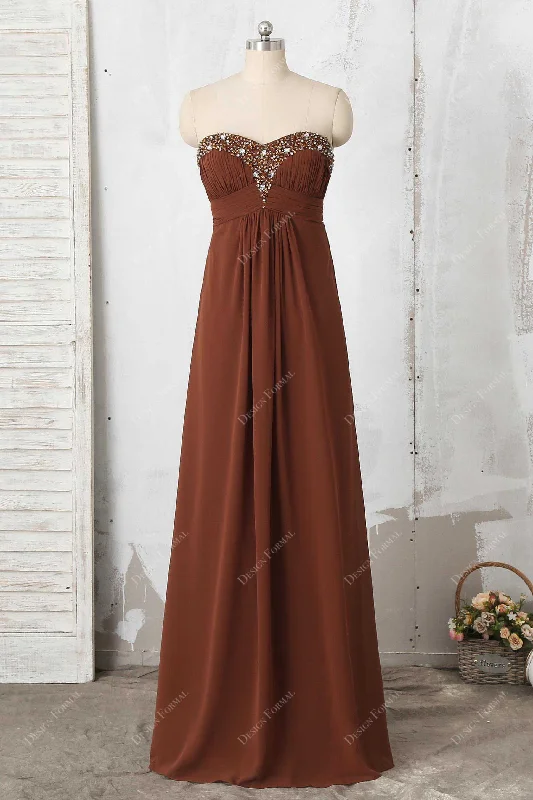 Peplum Dress Brown Chiffon Strapless Beads Semi Sweetheart Neck Long Dress