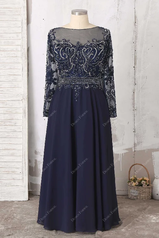 Simple Formal Dress Beaded Lace Navy Chiffon Sleeve Plus Size Dress
