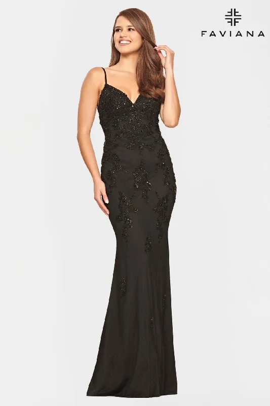 Draped Satin Gown Black Beaded Lace Long V Neck Dress With Open Back | S10633