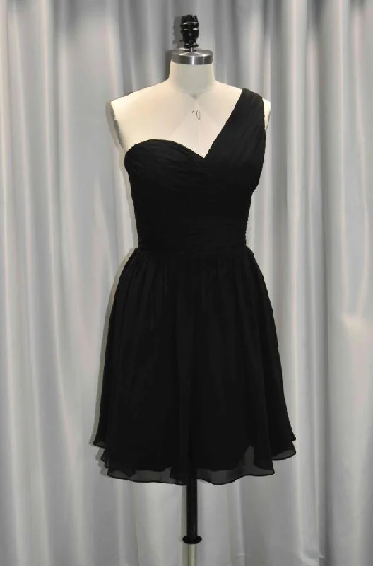 Timeless Satin Dress Black One Shoulder Pleated A-Line Chiffon Short Bridesmaid Dress-100335