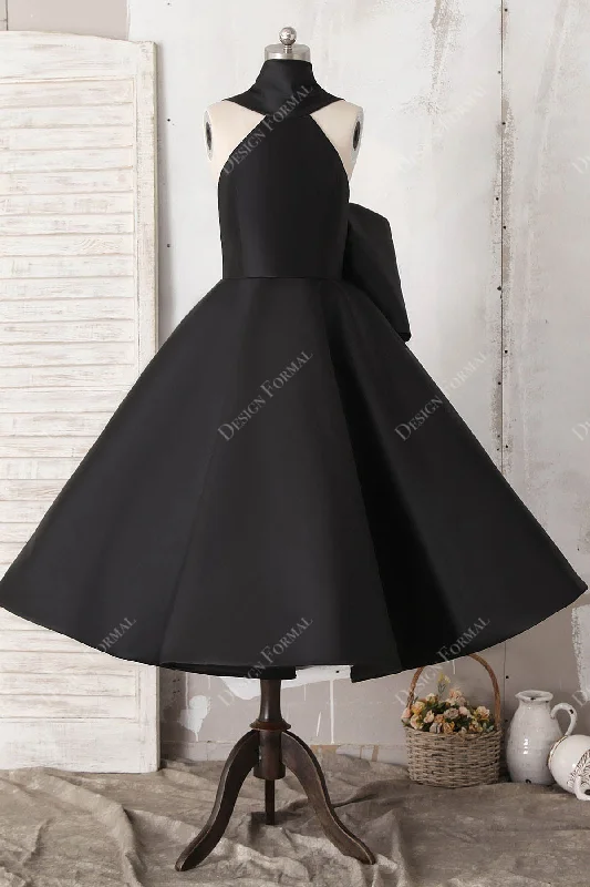 Drape Sleeve Dress Black Satin Halter Neck Sleeveless Bowknot Tea Length Classic Dress