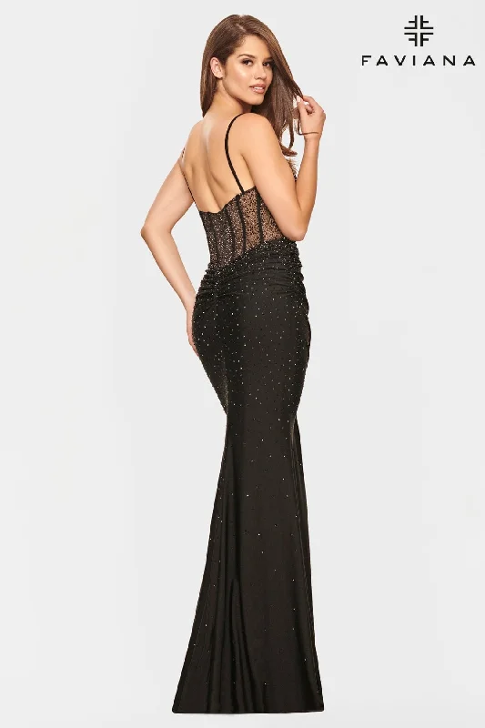 Whimsical Evening Gown Black V Neck Dress With Corset Back And Rhinestone Beading