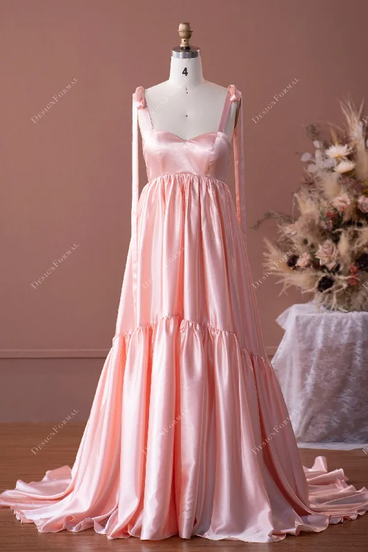 Glitter Dress Blushing Pink Straps Long Train Empire Simple Charmeuse Formal Dress
