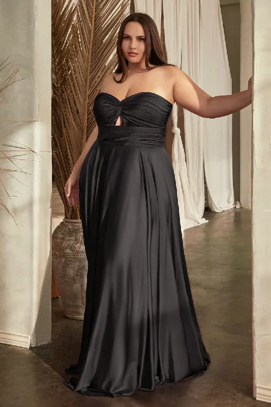 Party Dress CD 7496C - Plus Size Strapless Stretch Satin A-Line Prom Gown with Keyhole Bodice