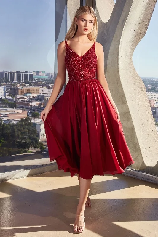 Satin Mermaid Dress CD CD0225 -  Flowy Chiffon Tea Length A-Line Semi-Formal Gown with Sheer Bead Embellished V-Neck Bodice