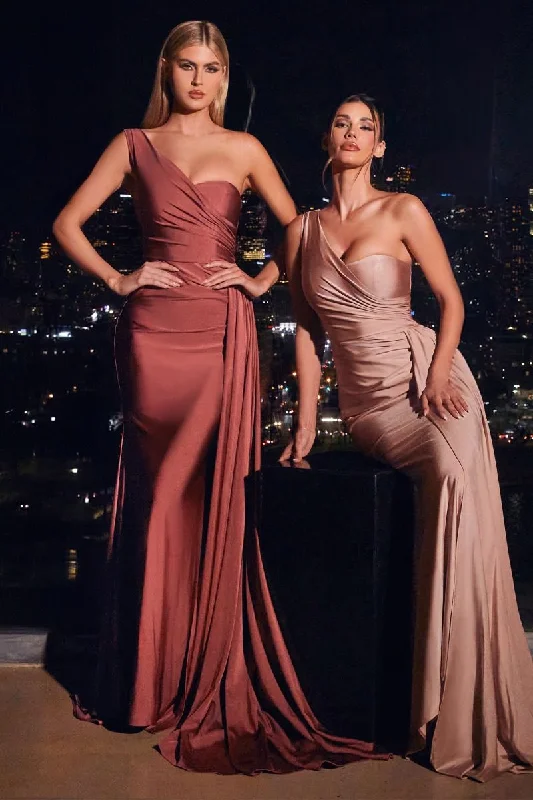 Ball Gown CD PT004 - One Shoulder Stretch Satin Fit & Flare Formal Gown with Gathered Waist Side Sash