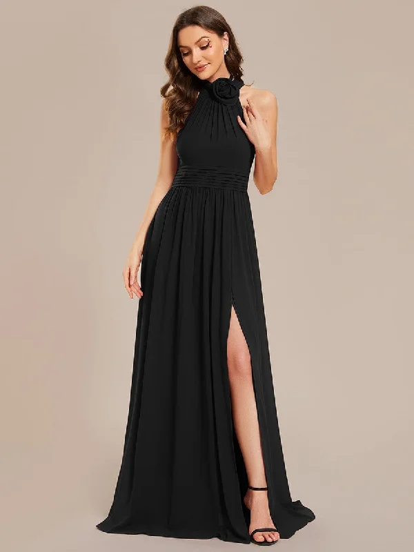 Statement Sleeve Dress Chiffon Halter Straps Sleeveless Pleated A-Line High Slit Maxi Bridesmaid Dress Statement Sleeve Dress Chiffon Halter Straps Sleeveless Pleated A-Line High Slit Maxi Bridesmaid Dress