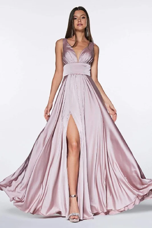 Organza Dress Cinderella Divine - 7469 V Neck High Slit Satin Flowy A-Line Dress