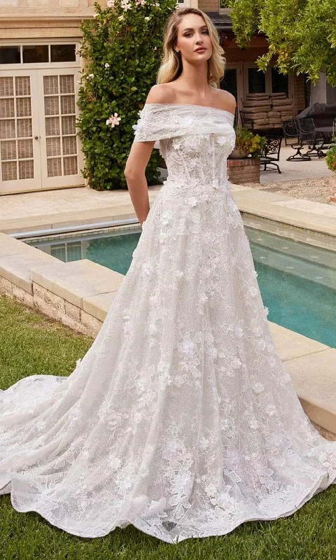 Floor-Length Dress Cinderella Divine CD860W - Strapless Bridal Gown with Floral Appliques