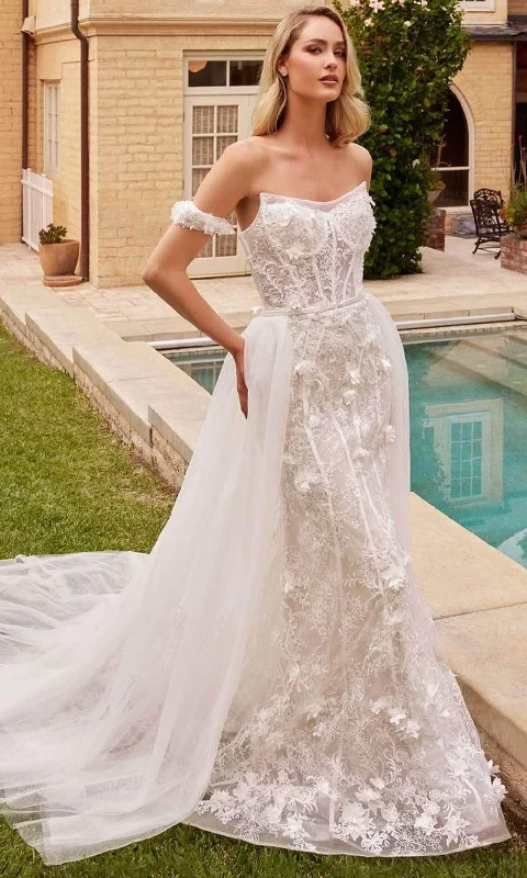 Cocktail Dress Cinderella Divine CD861W - Strapless Bridal Gown with Lace Applique Embellishments