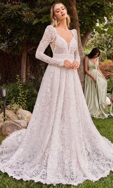 Lace Dress Cinderella Divine CD862W - Lace Wedding Dress with V-Neckline