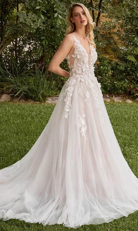 Satin Gown Cinderella Divine CDS436W - A-line Bridal Gown with 3D Embellishments