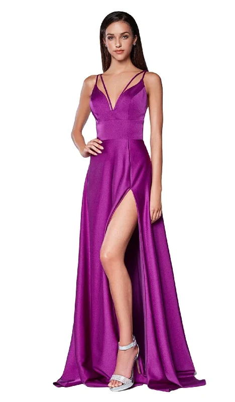 Floral Gown Cinderella Divine - CS034 Plunging V-neck A-line Gown With Train