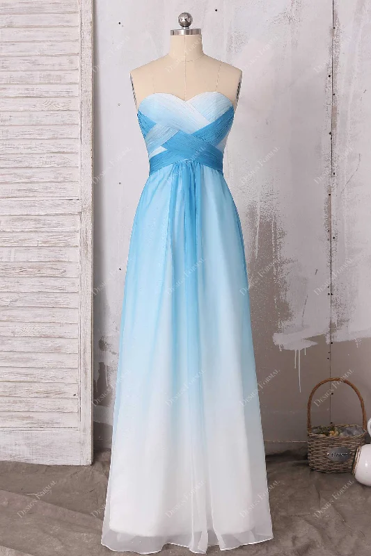 Fringe Gown Criss-cross Blue to White Ombre Chiffon Floor Length Strapless Dress