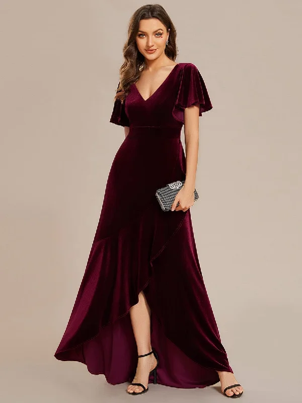 Floral Embroidery Dress Double V-Neck Short Sleeves Stretchy Velvet Evening Dress with Lotus Leaf Hem Floral Embroidery Dress Double V-Neck Short Sleeves Stretchy Velvet Evening Dress with Lotus Leaf Hem