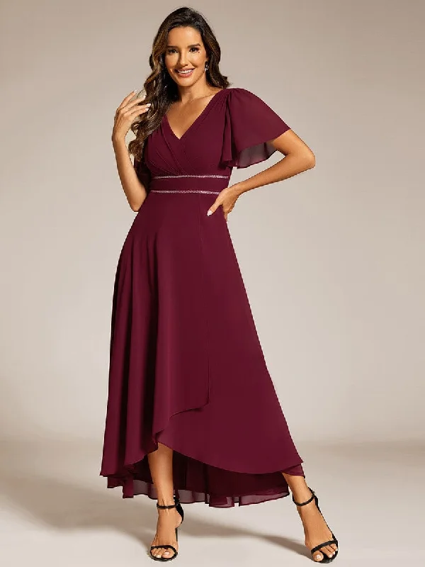 One-Shoulder Gown Double V-Neck Waist Trimmed Chiffon Formal Evening Dress