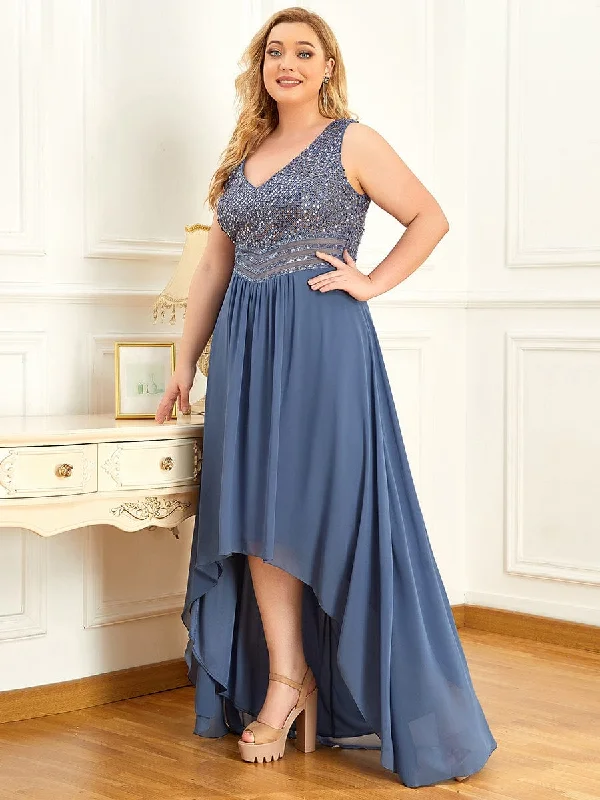 Sheer Panel Dress Elegant Paillette & Chiffon V-neck A-line Sleeveless Plus Size Formal Evening Dresses Sheer Panel Dress Elegant Paillette & Chiffon V-neck A-line Sleeveless Plus Size Formal Evening Dresses