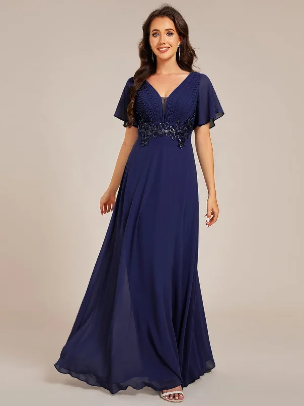 Classic Evening Dress Elegant Pleated Short Sleeve Deep V-Neck Maxi Formal Evening Dress Classic Evening Dress Elegant Pleated Short Sleeve Deep V-Neck Maxi Formal Evening Dress