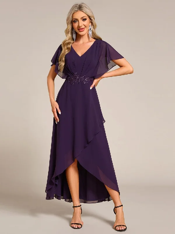 Formal Attire Elegant Short Sleeves A-Line Waist Applique Formal Dress with Lotus Leaf Hem Formal Attire Elegant Short Sleeves A-Line Waist Applique Formal Dress with Lotus Leaf Hem