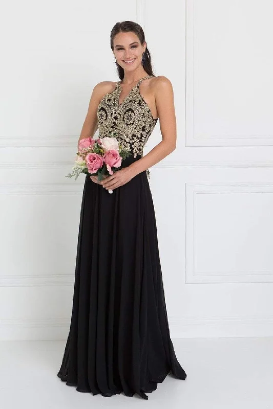 Halter Neck Dress Elizabeth K - GL1526 Lace Embellished High Neck Chiffon Gown