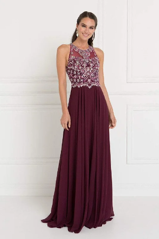 Party Dress Elizabeth K - GL1564 Bedazzled Illusion Halter Chiffon A-line Dress