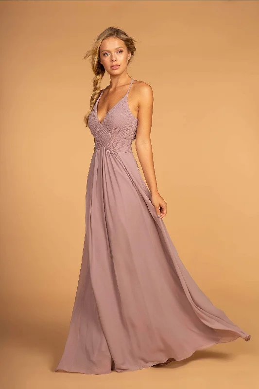 Ball Gown Elizabeth K - GL2609 Plunging V-Neck Pleated Bodice A-Line Gown