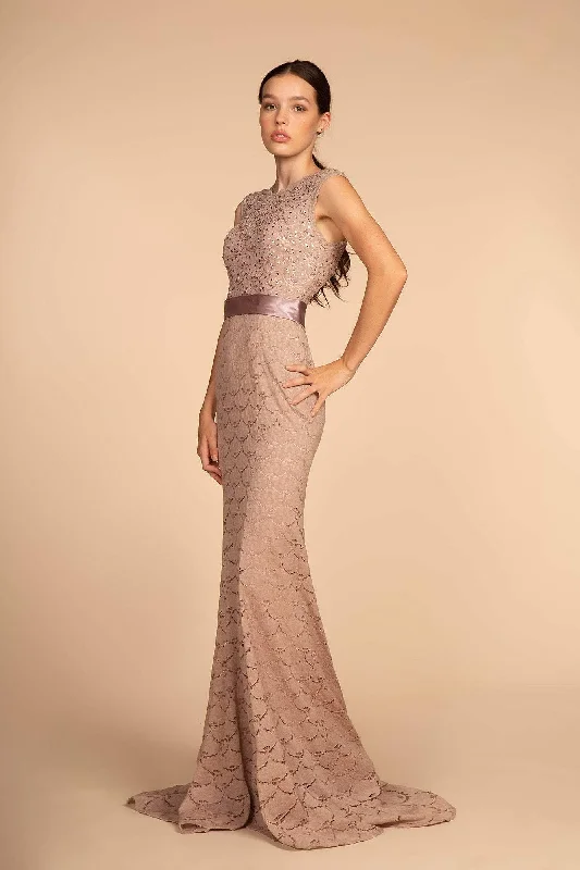 Embroidered Gown Elizabeth K - GL2613 Sequined Lace Jewel Neck Trumpet Dress