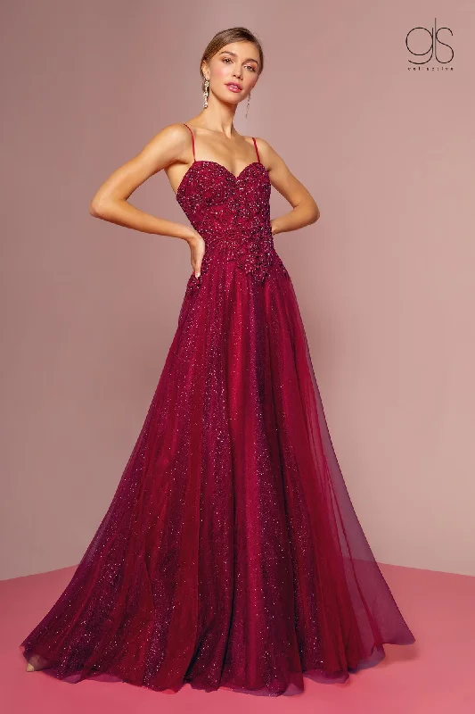 Maxi Formal Dress Embroidered Bodice and Mesh Glitter Floor Length Skirt