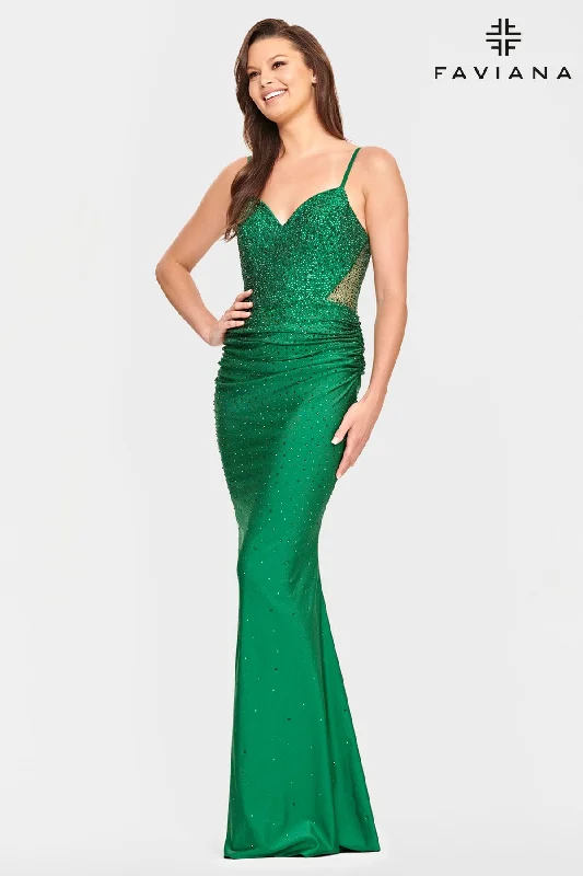 Lush Satin Gown Emerald Green V Neck Dress With Corset Back And Rhinestone Beading