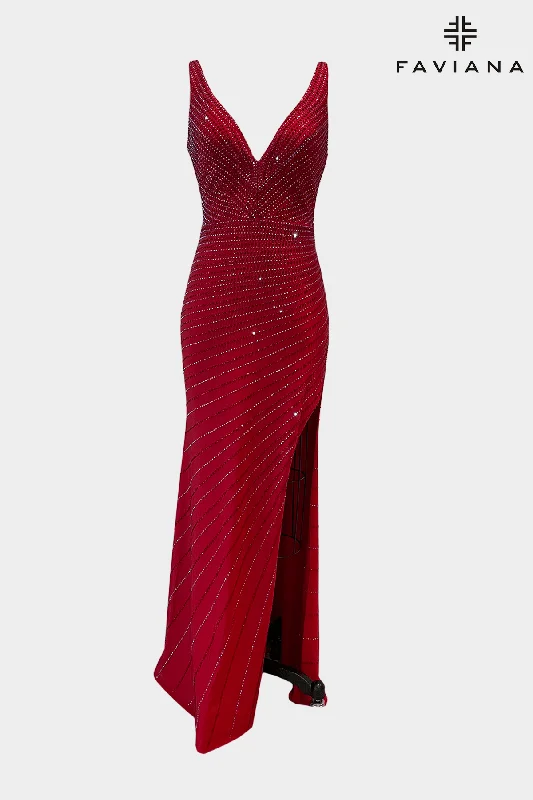 Unique Formal Dress Long V Neck Dress With Beading Detail And Side Leg Slit