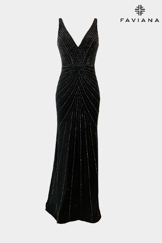 Applique Gown Long V Neck Dress With V Neckline And Linear Beaded Pattern